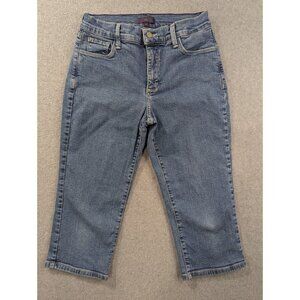 NYDJ Jeans Womens SZ 4P Blue Relaxed Capri Embroidered Whiskers Made in USA Boho